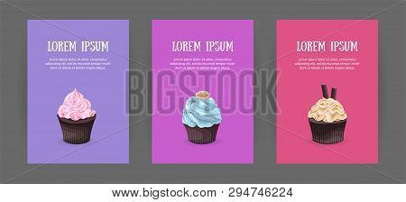 Set Booklet Cover Template With Sweet Dessert On Bright Background. Chocolate Cakes With Cream. Menu