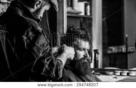 Barber With Clipper Trimming Hair On Temple Of Client. Hipster Client Getting Haircut. Hipster Lifes