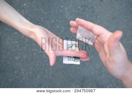 Drug Selling Concept. Close Up Hands, Trading Meth.