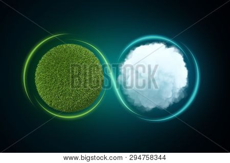 3d Rendering Of A Sphere Covered In Green Lawn Next To A White Round Fluffy Cloud With A Light Line 