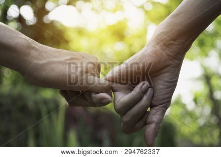 Hand To Pinky Swear. Happy Friendship Pinky Promise Together For Love Concept.