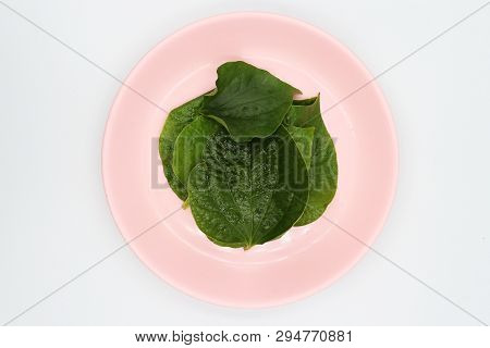 Chaplo Leaves In Pink Dish On White Background.