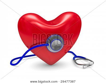 Stetoscopio e cuore su sfondo bianco. Immagine 3D isolato