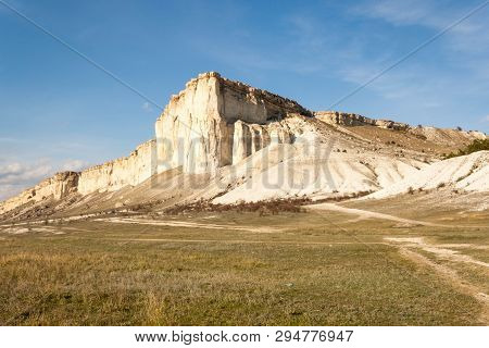 Beautiful Landscape Of White Rock Or Belaya Scala, Rock Aq Kaya, Crimea, Belogorsky District On Blue