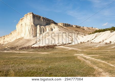 Beautiful Landscape Of White Rock Or Belaya Scala, Rock Aq Kaya, Crimea, Belogorsky District On Blue