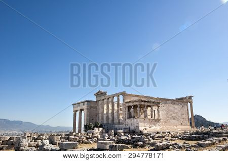 Panoramic Background With Acropolis, Porch Of Caryatids, Erechtheum Temple In Athens, Greece