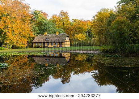 Old Half Timbered House With Thatched Roof In Charlottenlund, Denmark