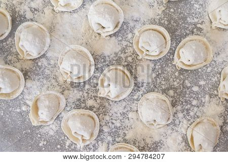 Semifinished Products, Raw Dumplings With Flour On Baking Paper ,