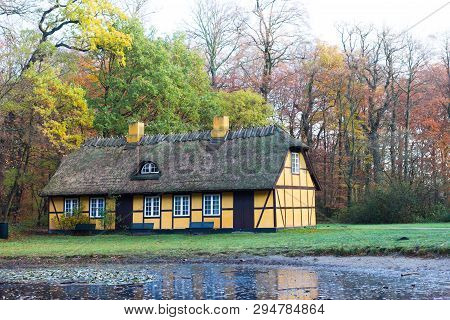 Old Half Timbered House With Thatched Roof In Charlottenlund, Denmark