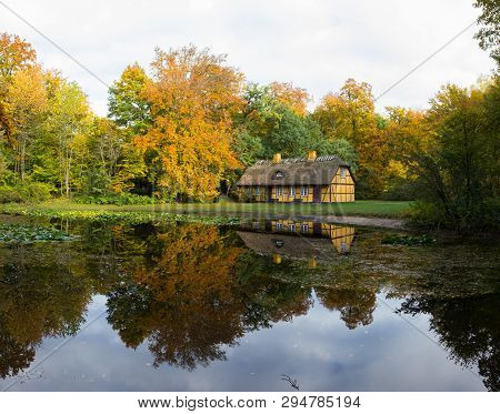 Old Half Timbered House With Thatched Roof In Charlottenlund, Denmark