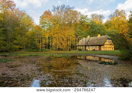 Old Half Timbered House With Thatched Roof In Charlottenlund, Denmark