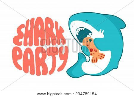 Shark Vector Cartoon Seafish, Cute Eating Fish, Funny Illustration In Kawaii Style And Lettering Bab