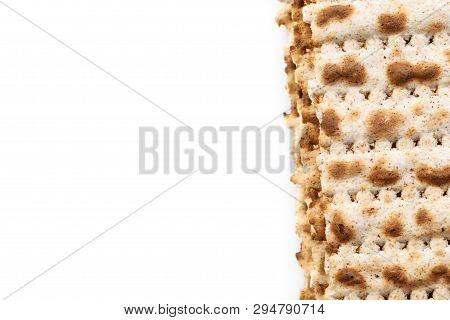 Matzah. Jewish Traditional Passover Bread. Pesach Celebration Symbol. Isolated On White. With Some F