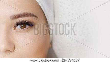 Eyelash Extension Procedure. Beautiful Woman With Long Eyelashes. Facial Treatment. Cosmetology, Bea