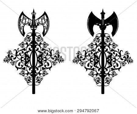 Victorious Battle Axes With Rose Flowers - Black And White Vector Ornament Decor