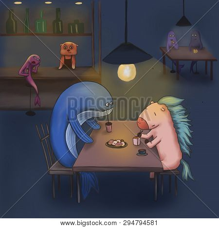 Whale And Horse Have Dinner In The Bar