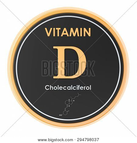 Vitamin D, Cholecalciferol. Circle Icon, Chemical Formula, Molecular Structure. 3d Rendering