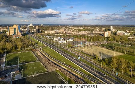 View Over Groningen City West With A7 Motorway Sport Soccer Facilities