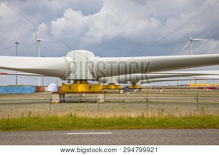 Giant Rotors Of Wind Turbine On Windmill Assambly Yard To Build Windfarms At Sea
