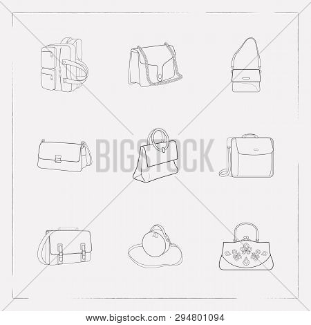 Set Of Bag Types Icons Line Style Symbols With Chain Bag, Satchel, Shoulder Bag And Other Icons For 