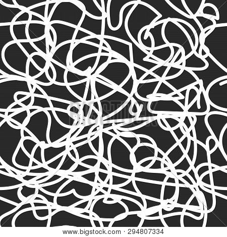 Seamless Abstract Black And White Chaotic Scribble Pattern. Endless Messy Grunge Artisctic Simple St