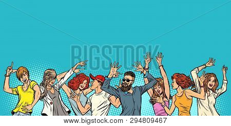 Dancing Young Men Boys And Girls, Copy Space On Top. Pop Art Retro Vector Illustration Vintage Kitsc