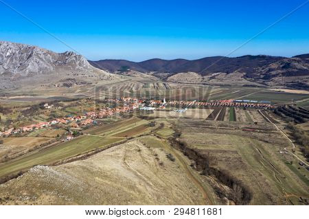 Aerial drone image of the village of Coltesti (Torockoszentgyorgy), Transylvania, Romania.