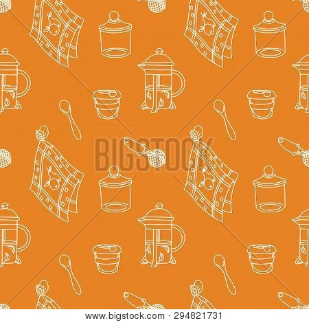 Seamless Pattern With French-press And Glass-jar With Biscuits And Label. Doodle Illustration. Fabri