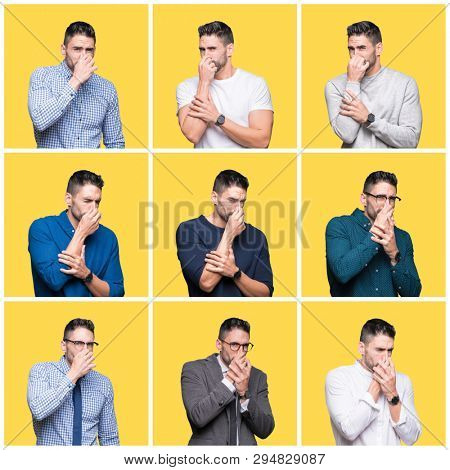 Collage of handsome man over yellow isolated background smelling something stinky and disgusting, intolerable smell, holding breath with fingers on nose. Bad smells concept.