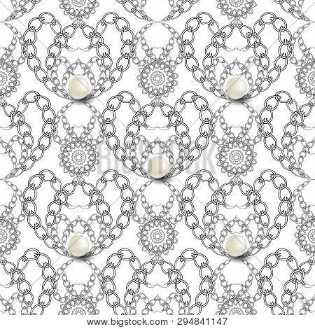 Chains Vector Black And White Seamless Pattern. Vintage Ornamental Jewelry Damask Background. White 