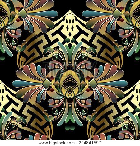 Ornate Floral Ethnic Style Greek 3d Vector Seamless Pattern. Ornamental Colorful Background. Royal G