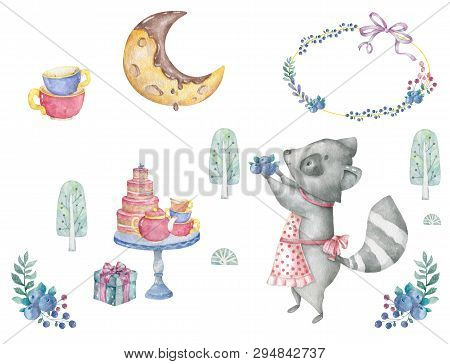 Greeting Card Illustration With Birthday Cake, Roccoon, Flowers And Chocolate Moon And Blue Pize Box