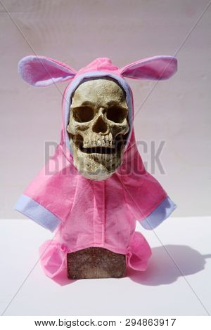Evil Skull. Sinister Easter Bunny. Evil Skull wearing a pink Easter bunny hat.
Halloween skull. Happy Easter. 