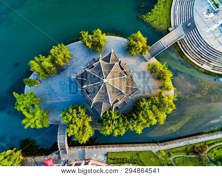 Aerial Shot Of Traditional Pagoda Along Wuyang River, Guizhou, China