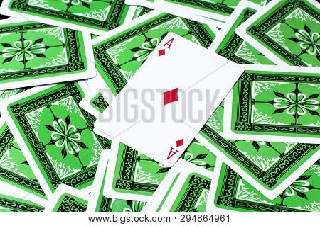 Casino Card Games, Ace Of Diamonds Against Inverted Cards, Green Background, High Contrast, Great Ba