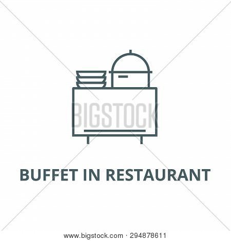 Buffet In Restaurant Line Icon, Vector. Buffet In Restaurant Outline Sign, Concept Symbol, Flat Illu