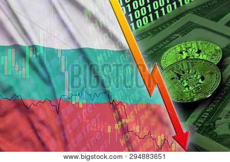 Bulgaria Flag And Cryptocurrency Falling Trend With Two Bitcoins On Dollar Bills And Binary Code Dis
