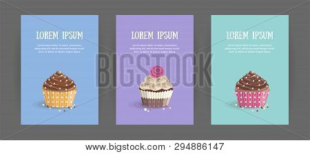 Set Booklet Cover Template With Sweet Dessert On Bright Background. Chocolate Cakes With Cream. Menu