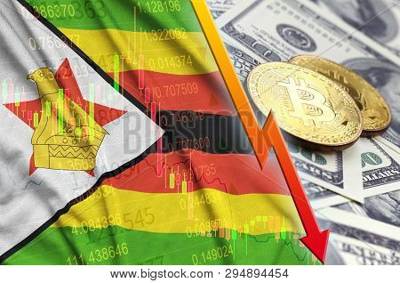 Zimbabwe Flag And Cryptocurrency Falling Trend With Two Bitcoins On Dollar Bills