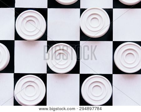 Checkerboard With Checkers. Business Strategy Competition, Strategic Planning For Winning Success. H