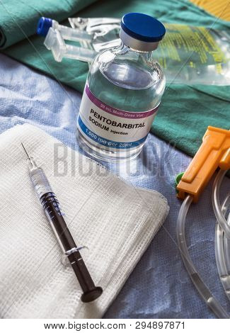 Vials With Sodium Pentobarbital Used For Euthanasia And Lethal Inyecion In A Hospital, Conceptual Im
