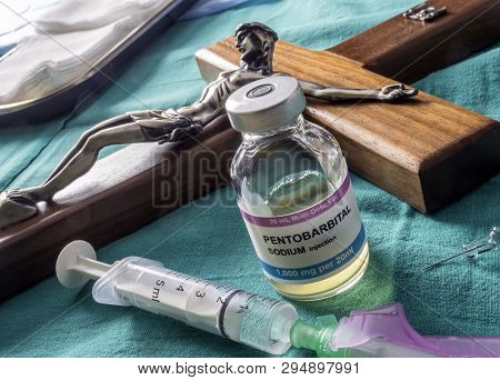 Vial With Doses Of Pentobarbital Next To A Crucifix, Debate Between Life And Death, Religious Belief