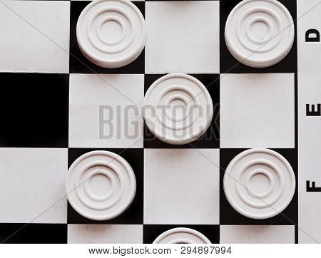 Checkerboard With Checkers. Business Strategy Competition, Strategic Planning For Winning Success. H
