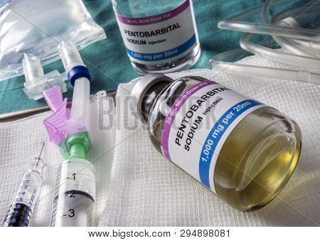 Vial With Pentobarbital Used For Euthanasia And Lethal Inyecion In A Hospital, Conceptual Image