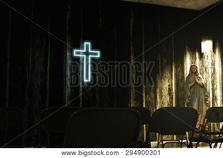 Mary Statue In Concrete Church 3d Illustration
