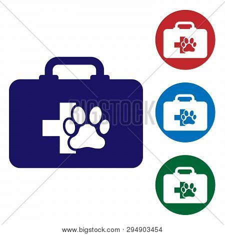 Blue Pet First Aid Kit Icon Isolated On White Background. Dog Or Cat Paw Print. Clinic Box. Set Colo