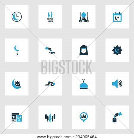 Holiday Icons Colored Set With Adhaan, Celebration, Minaret And Other Pray Elements. Isolated Vector