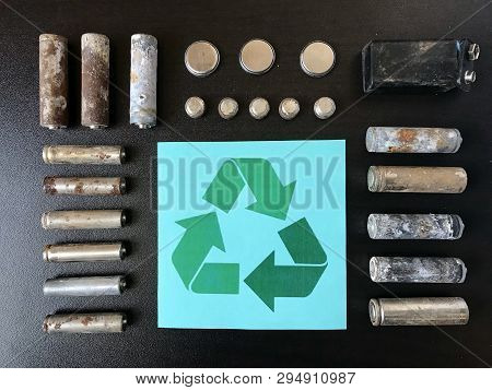 Corrosion-free Batteries.  Different Size And Shape. Sign Of Recycling And Protection Of The Environ