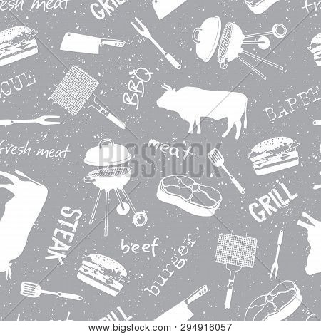 Pattern With Icons And Lettering: Beef, Steak, Grill, Meat Knife, Barbecue. Vintage Style. Butcher A