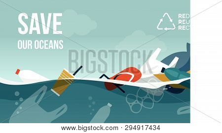 Polluted Ocean And Plastic Waste Floating On The Surface, Motivational Environmental Protection Adve
